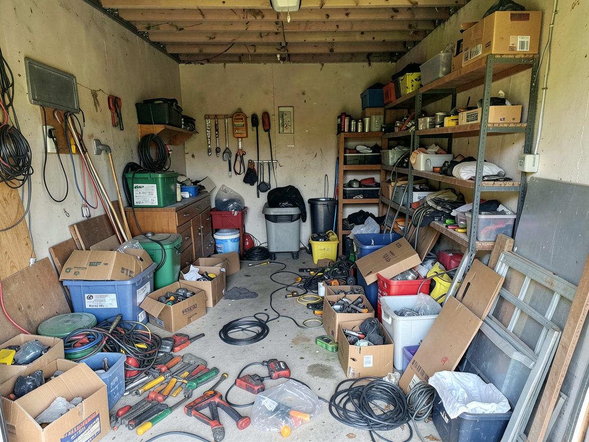 Cluttered garage with boxes, tools and cords covering the floor and shelves