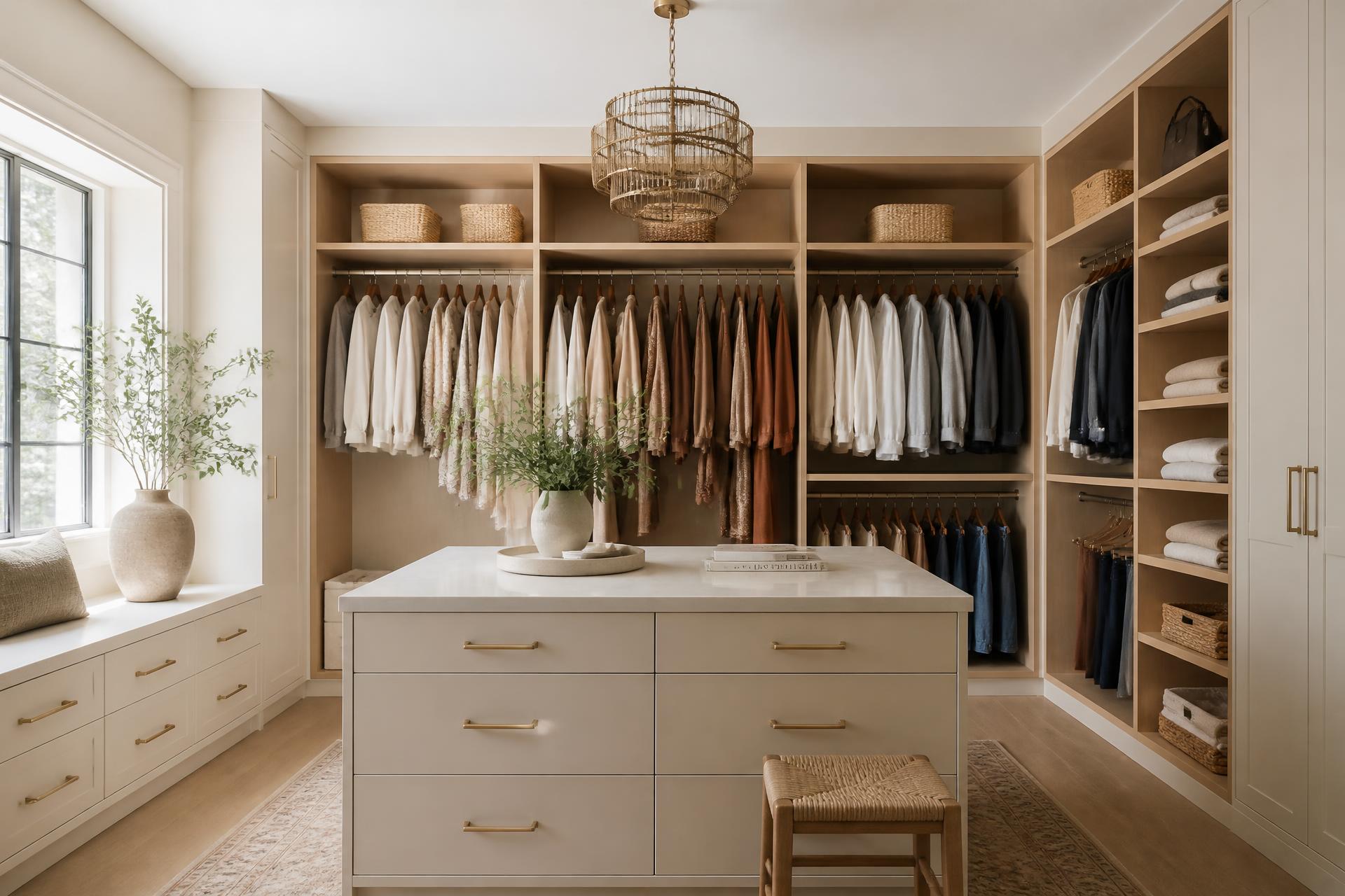 Luxury walk-in closet with warm oak shelving, tonal clothing and woven baskets