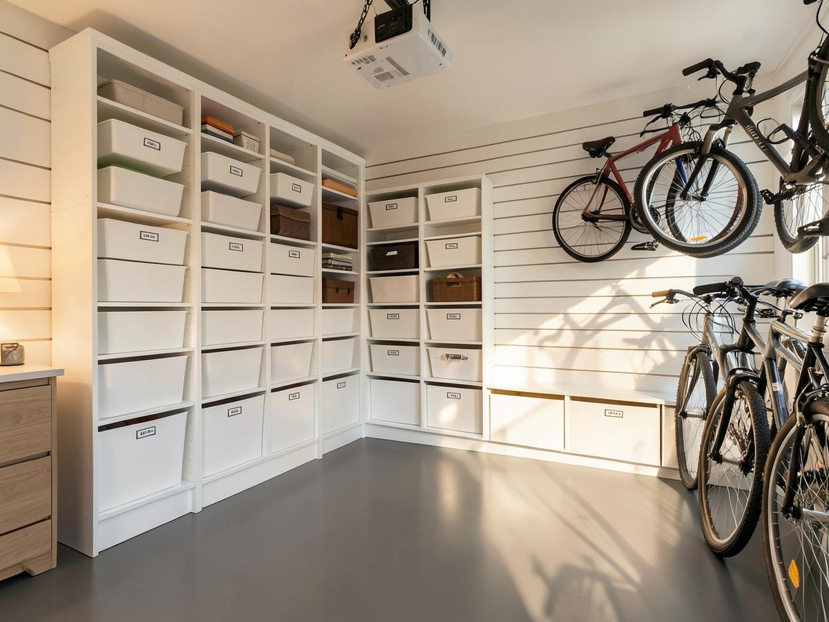 Organized garage with white shelving, labeled bins and bicycles hung on a wall