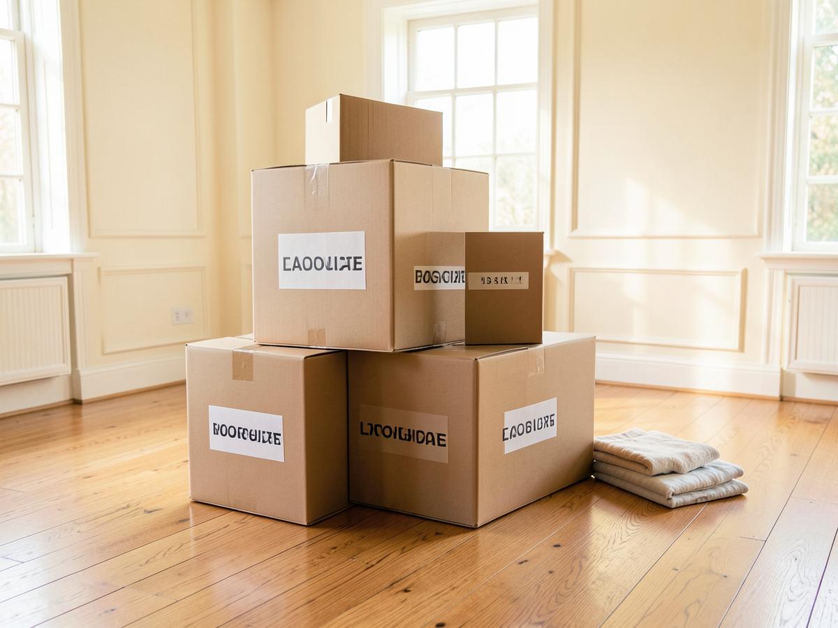 Neatly labeled moving boxes in a bright empty room with oak floors