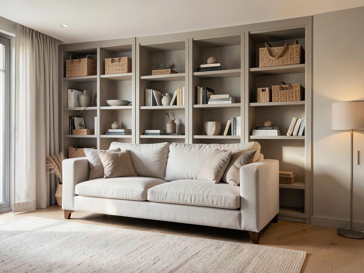 Serene organized living room with curated built-in shelving and woven baskets